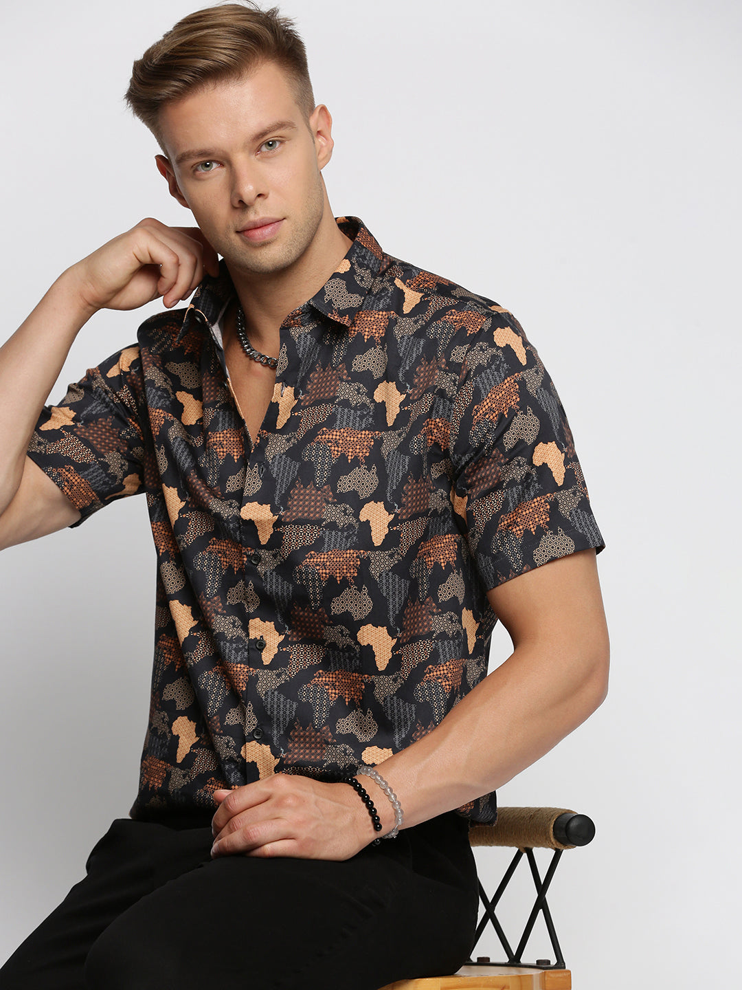 Men Black Spread Collar Abstract Shirt