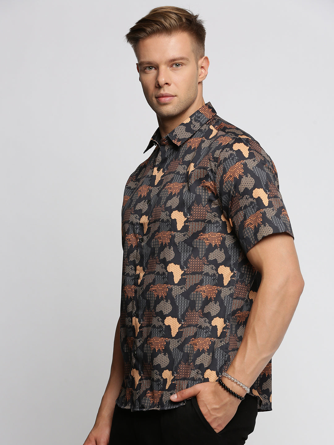 Men Black Spread Collar Abstract Shirt