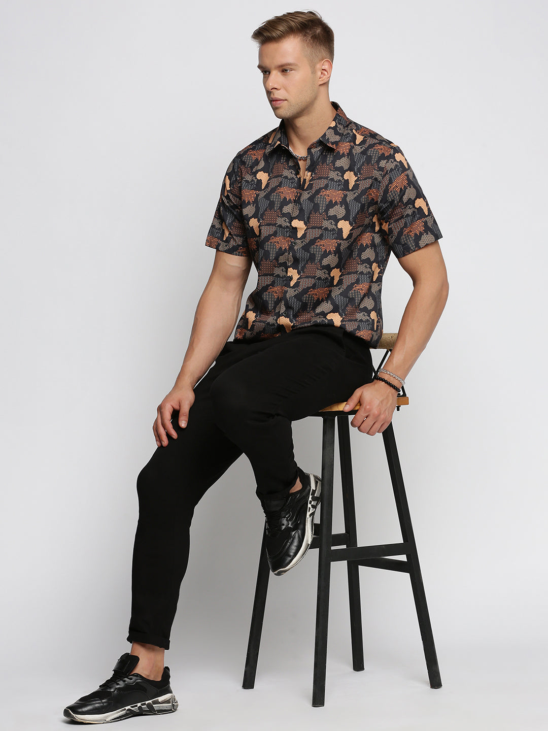 Men Black Spread Collar Abstract Shirt