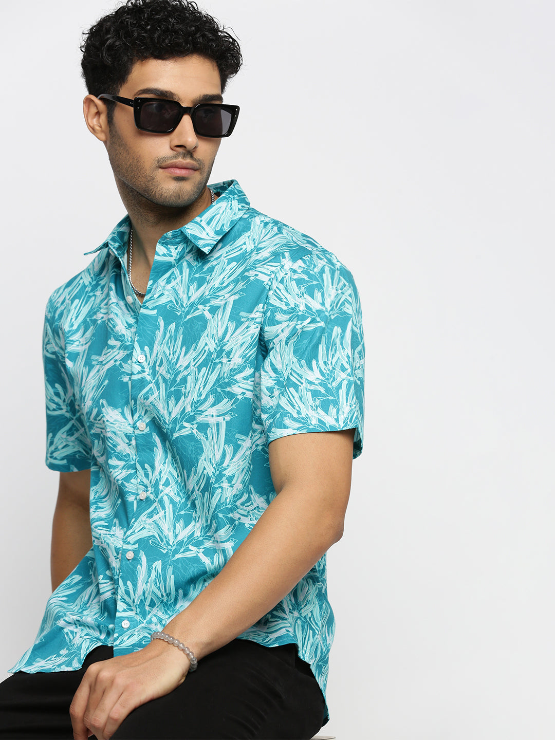 Men Turquoise Blue Spread Collar Abstract Shirt