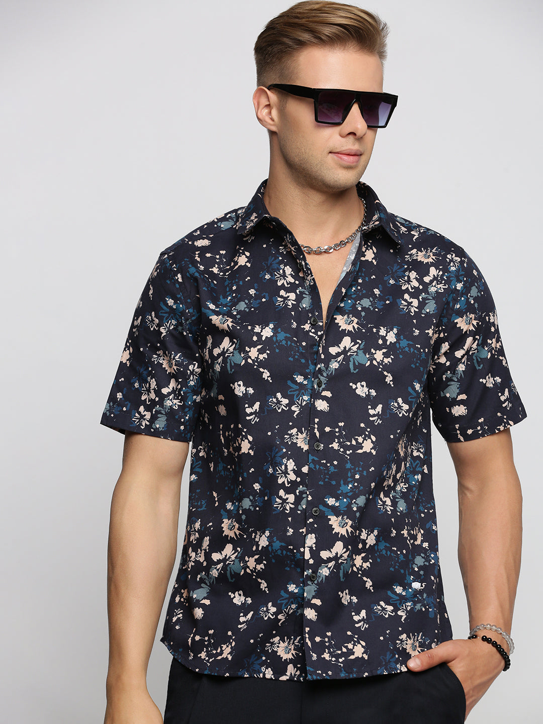 Men Navy Blue Spread Collar Floral Shirt