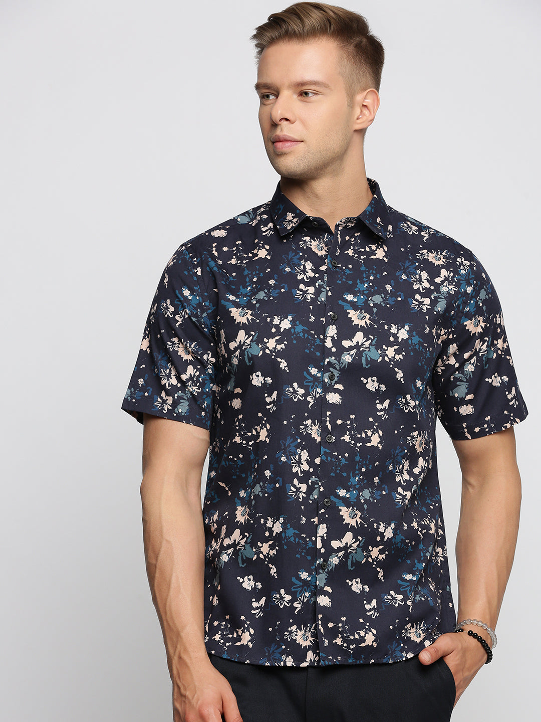 Men Navy Blue Spread Collar Floral Shirt