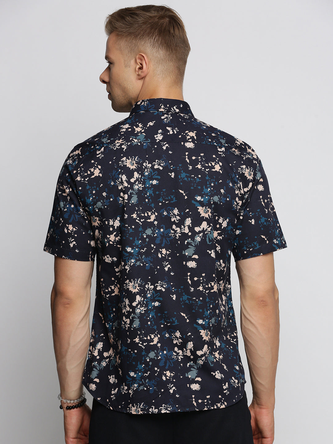 Men Navy Blue Spread Collar Floral Shirt