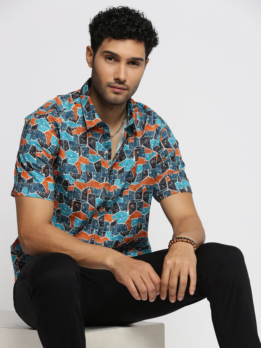 Men Turquoise Blue Spread Collar Abstract Shirt