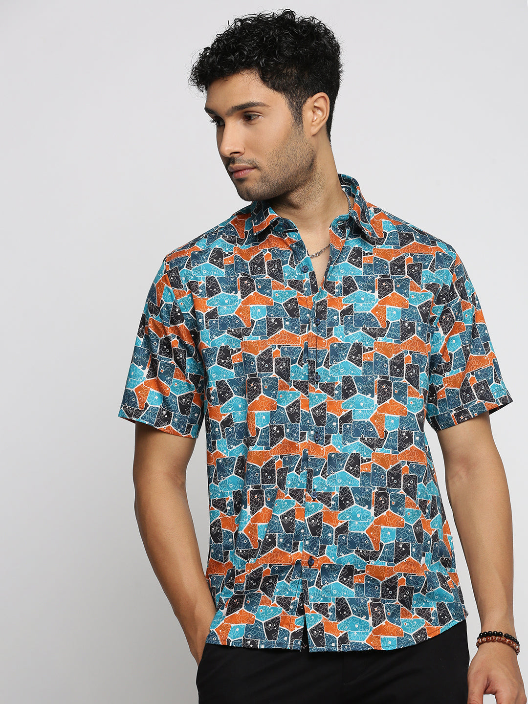 Men Turquoise Blue Spread Collar Abstract Shirt