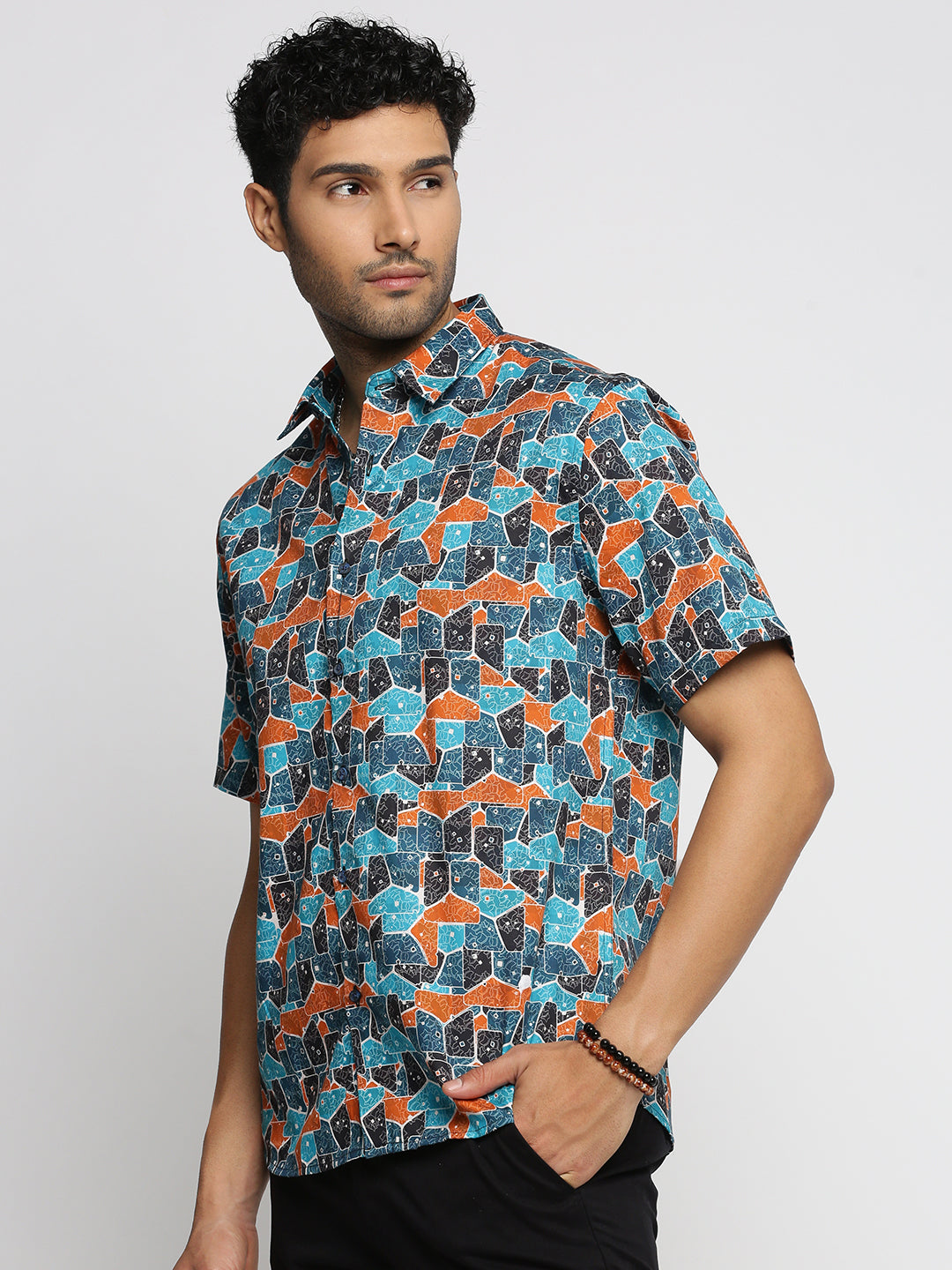 Men Turquoise Blue Spread Collar Abstract Shirt