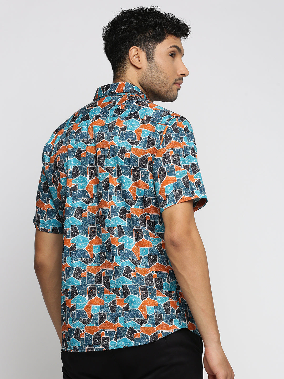 Men Turquoise Blue Spread Collar Abstract Shirt