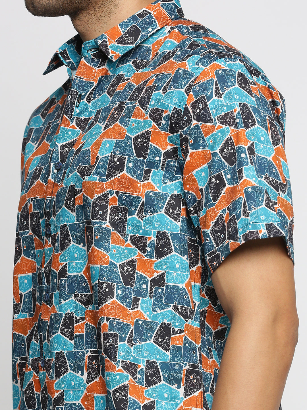 Men Turquoise Blue Spread Collar Abstract Shirt