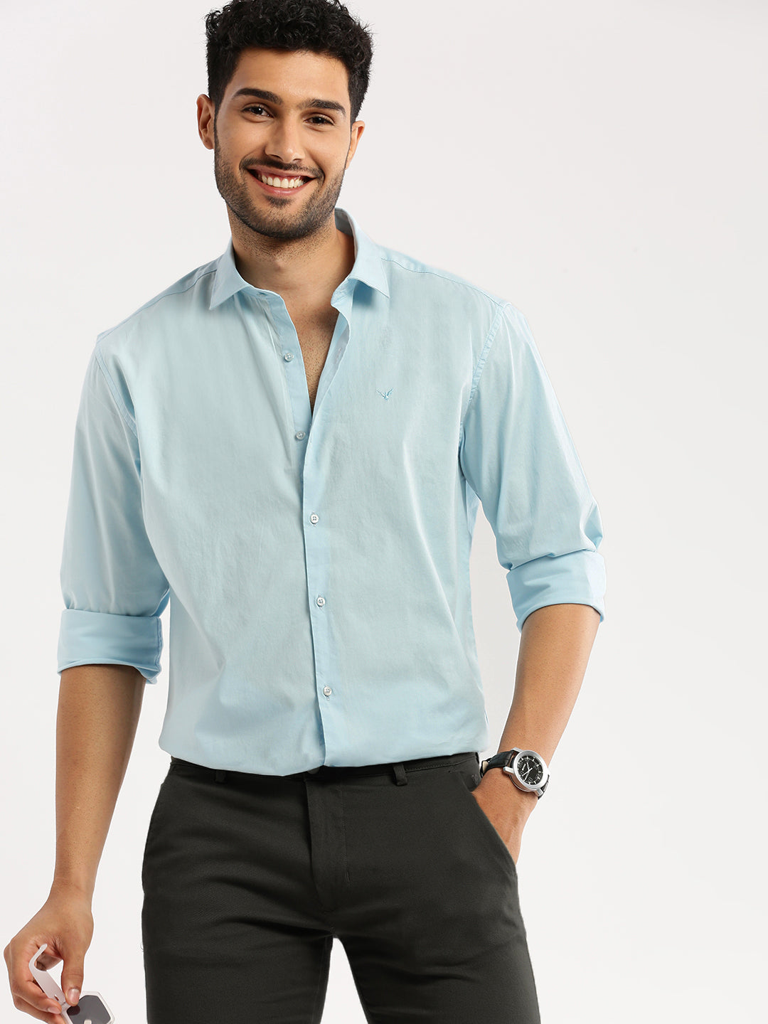 Men Blue Spread Collar Solid Shirt