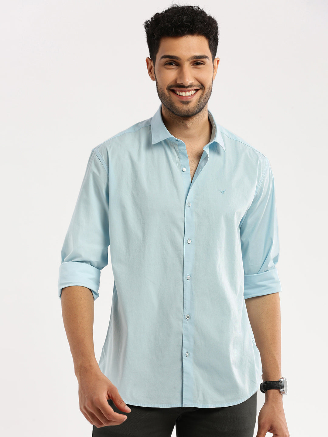 Men Blue Spread Collar Solid Shirt