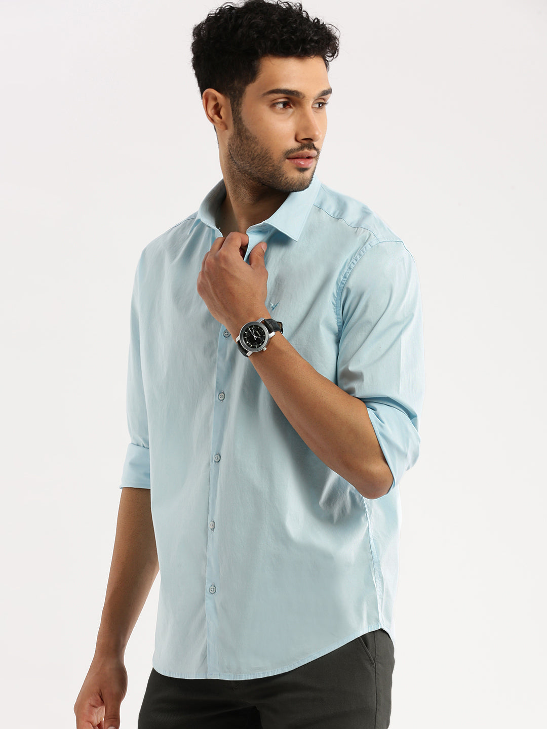 Men Blue Spread Collar Solid Shirt