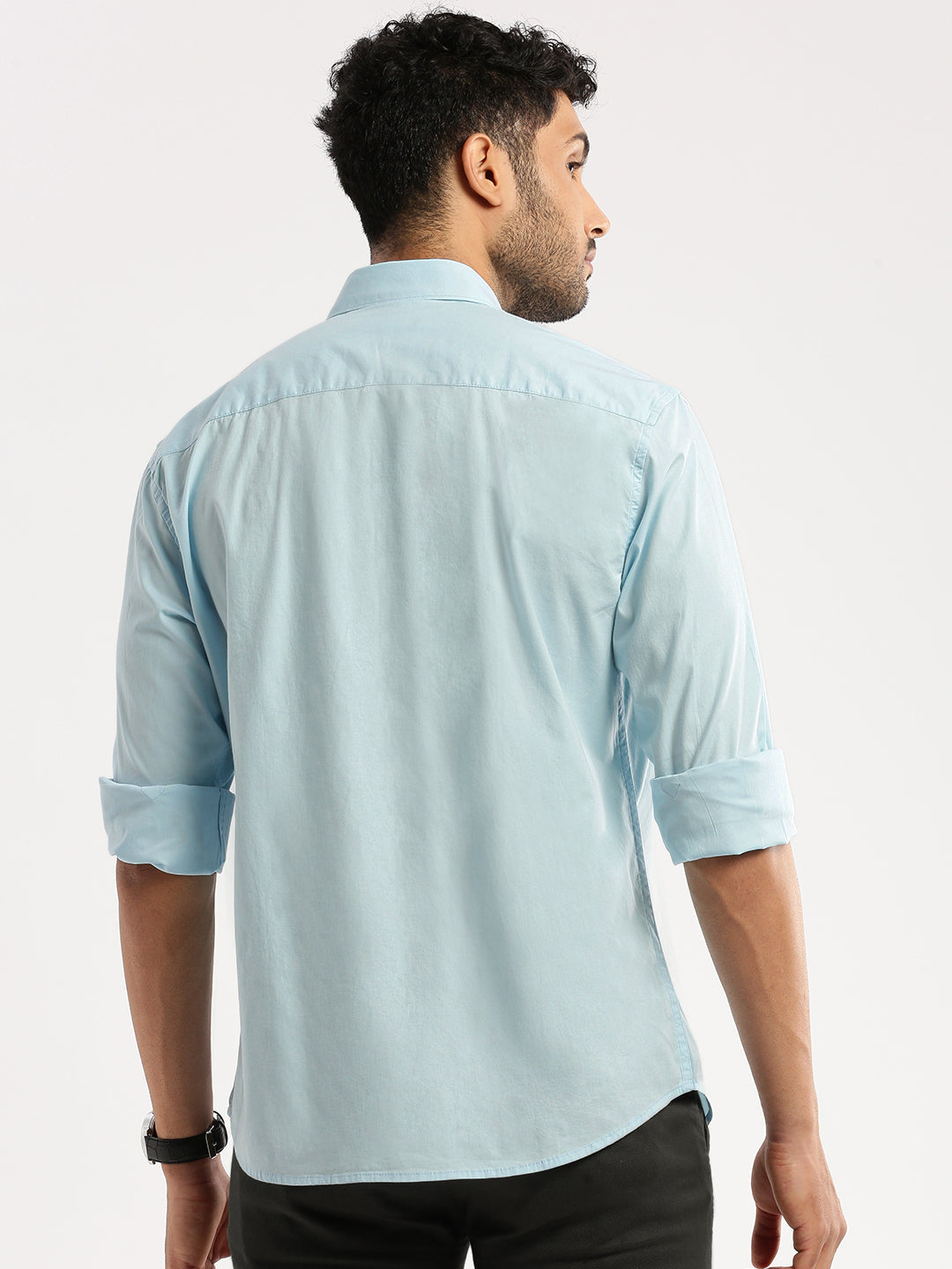 Men Blue Spread Collar Solid Shirt