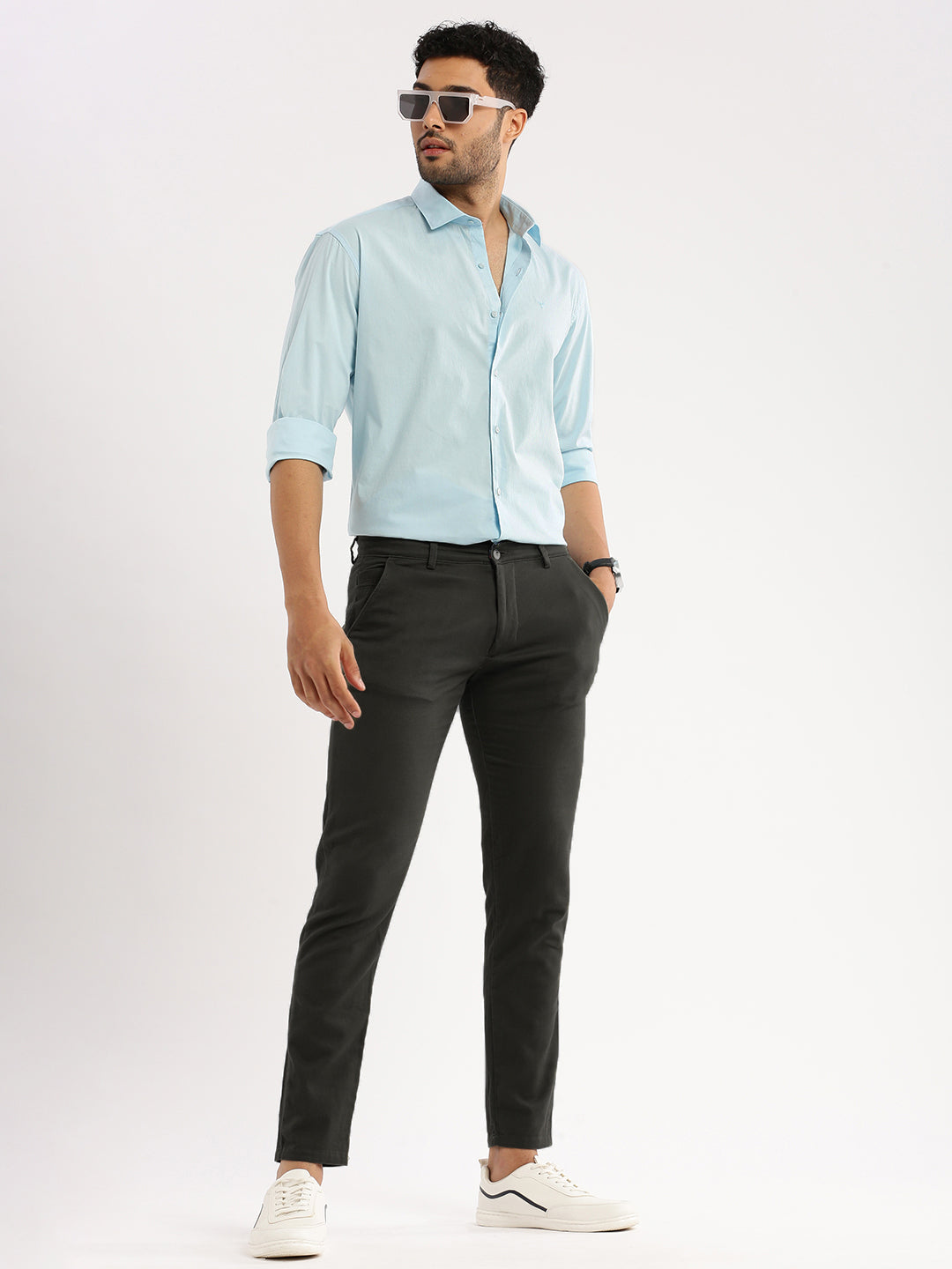 Men Blue Spread Collar Solid Shirt