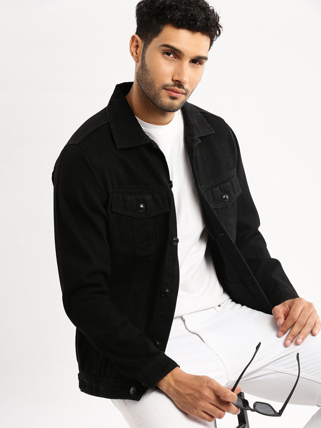 Men Black Spread Collar Solid Denim Jacket