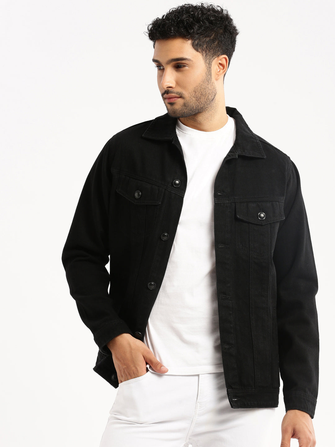 Men Black Spread Collar Solid Denim Jacket