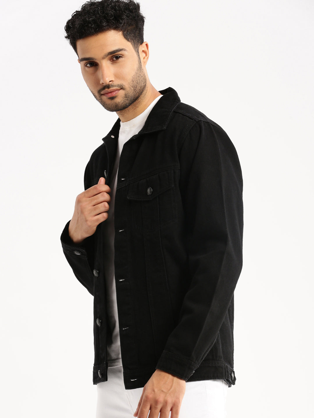 Men's Black Spread Collar Solid Denim Jacket