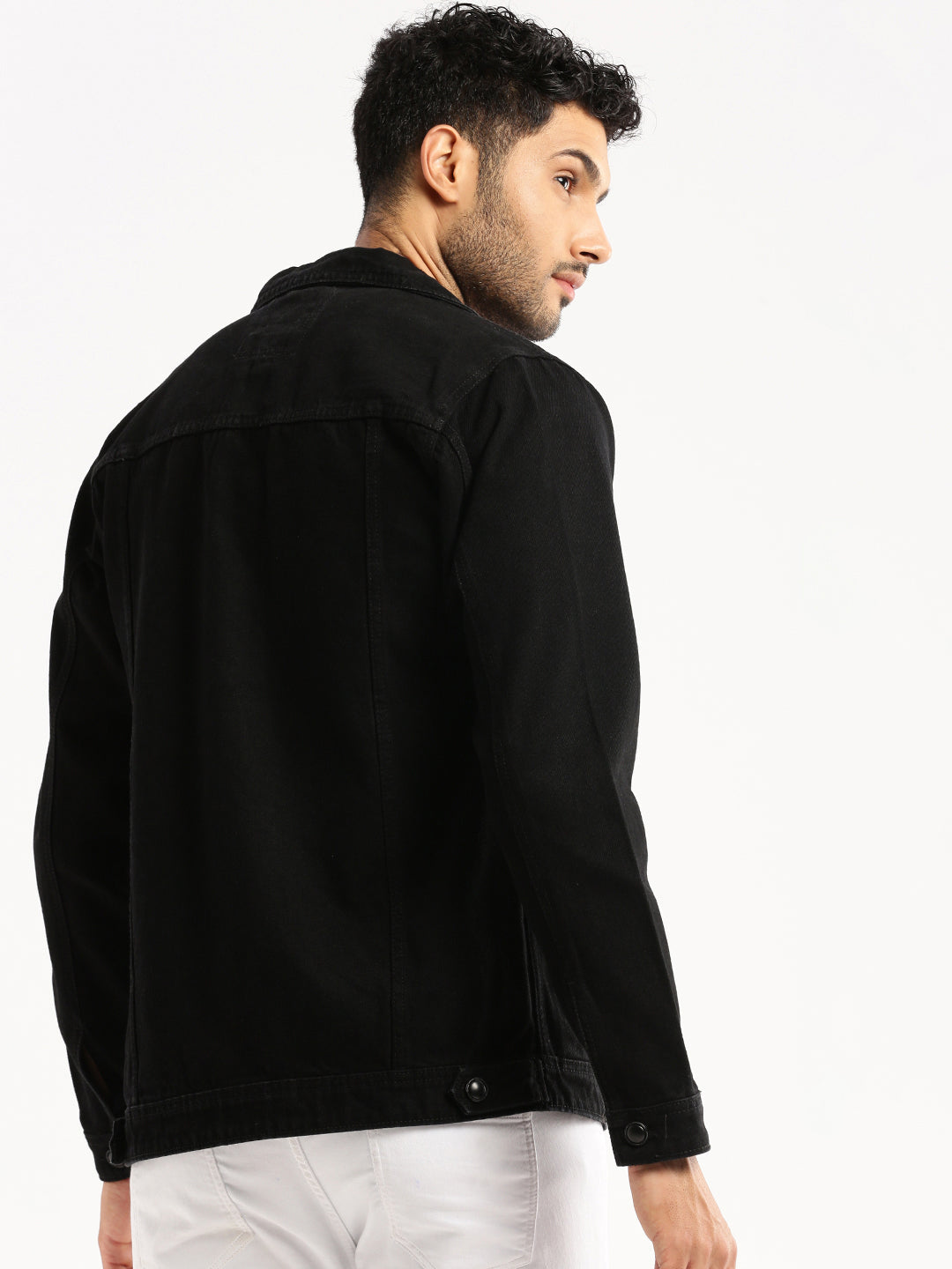 Men's Black Spread Collar Solid Denim Jacket