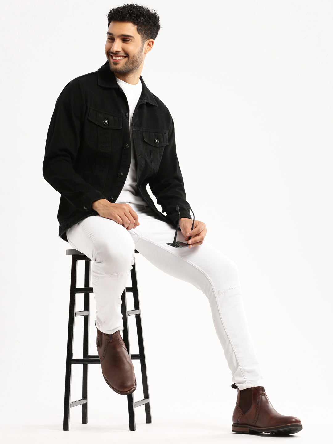 Men's Black Spread Collar Solid Denim Jacket