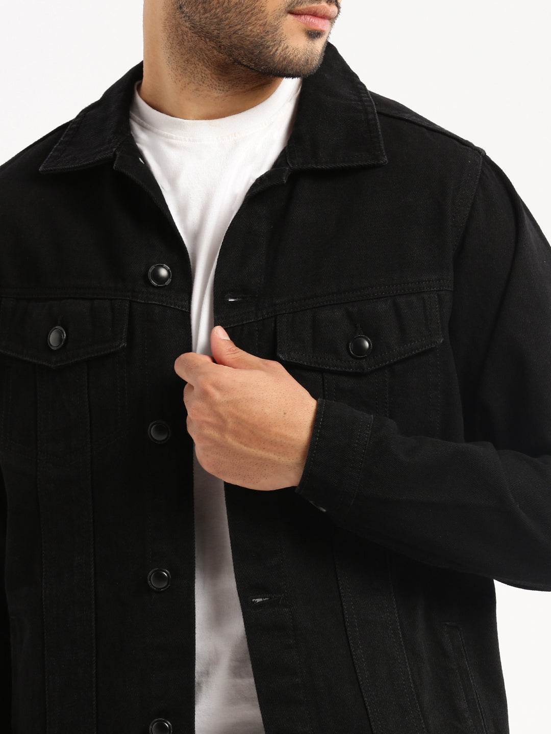 Men's Black Spread Collar Solid Denim Jacket