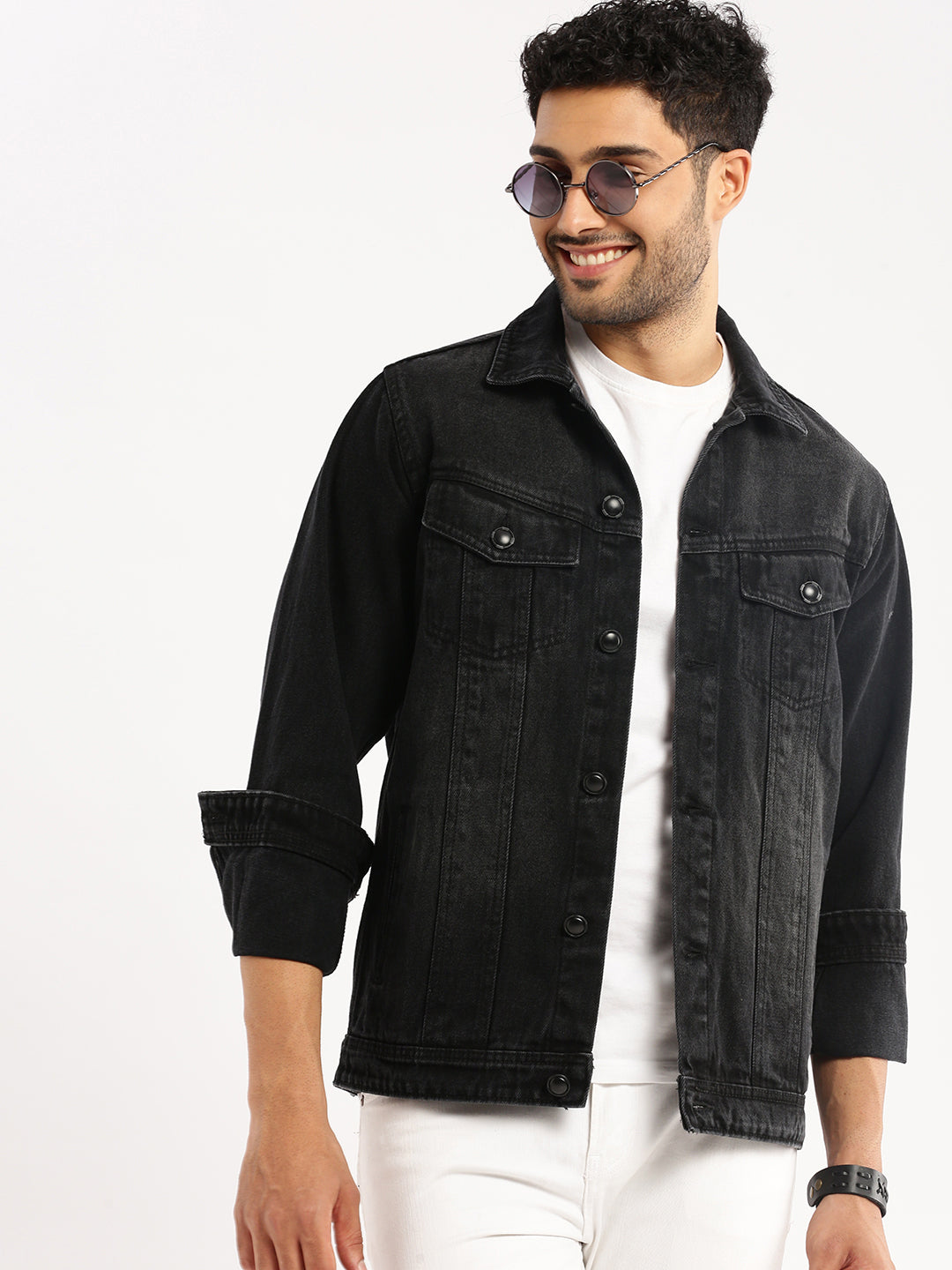 Men Charcoal Spread Collar Solid Denim Jacket