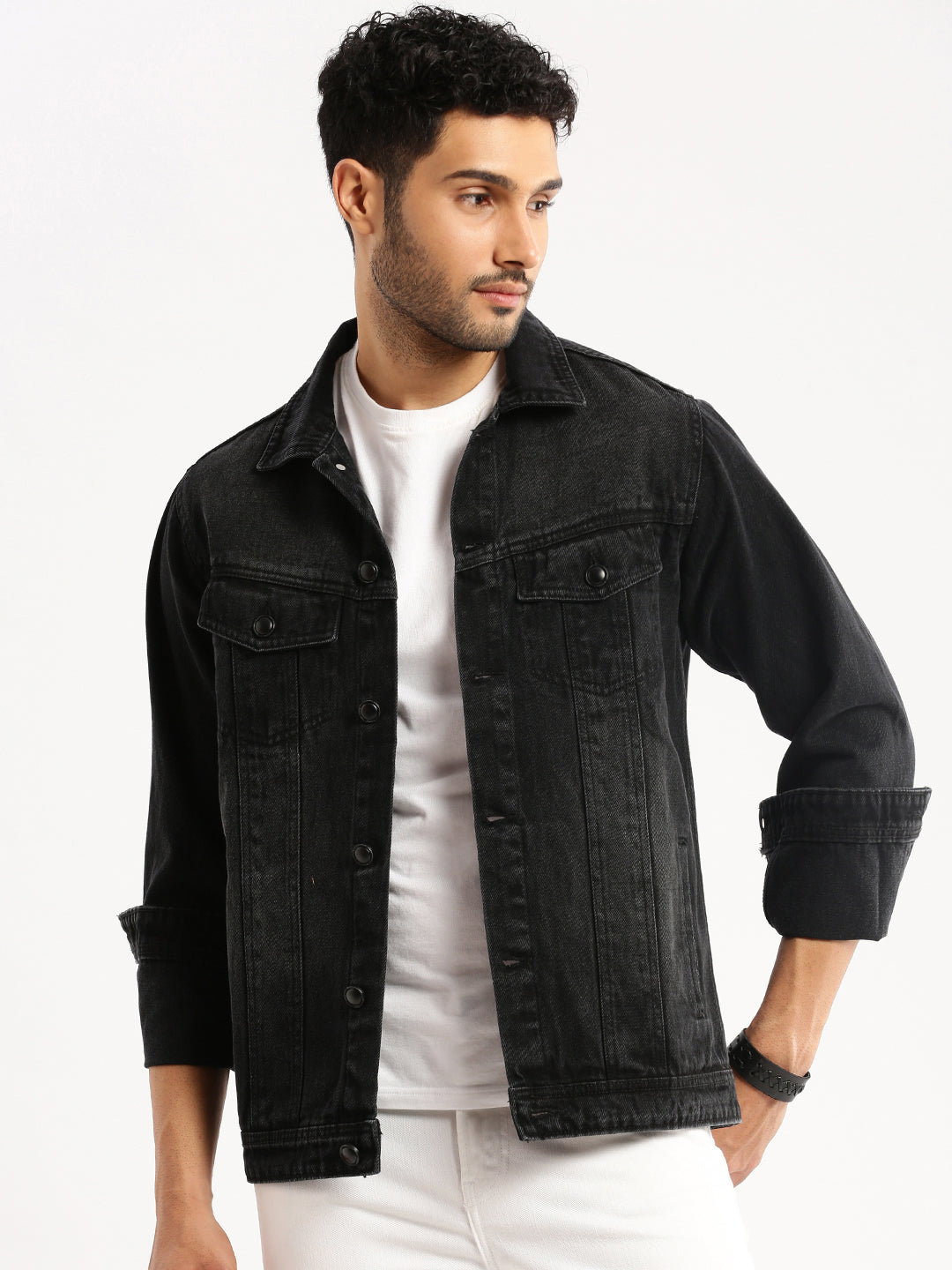 Men Charcoal Spread Collar Solid Denim Jacket