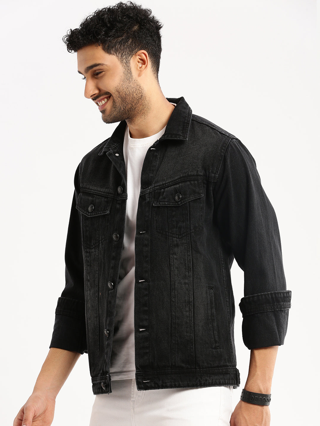 Men Charcoal Spread Collar Solid Denim Jacket