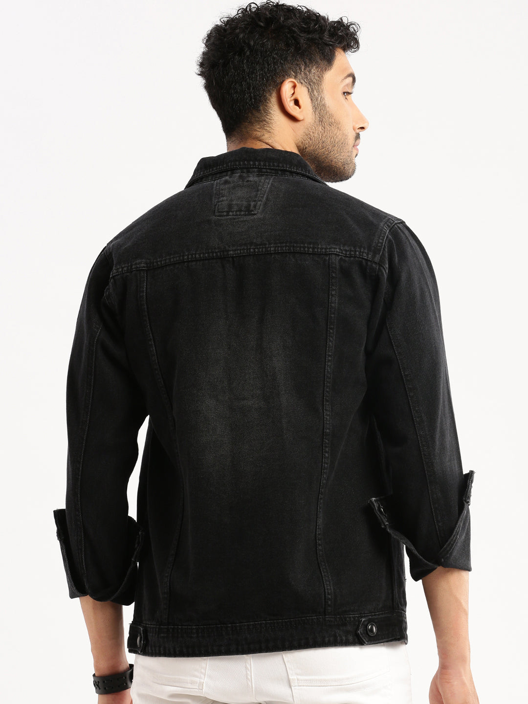 Men Charcoal Spread Collar Solid Denim Jacket