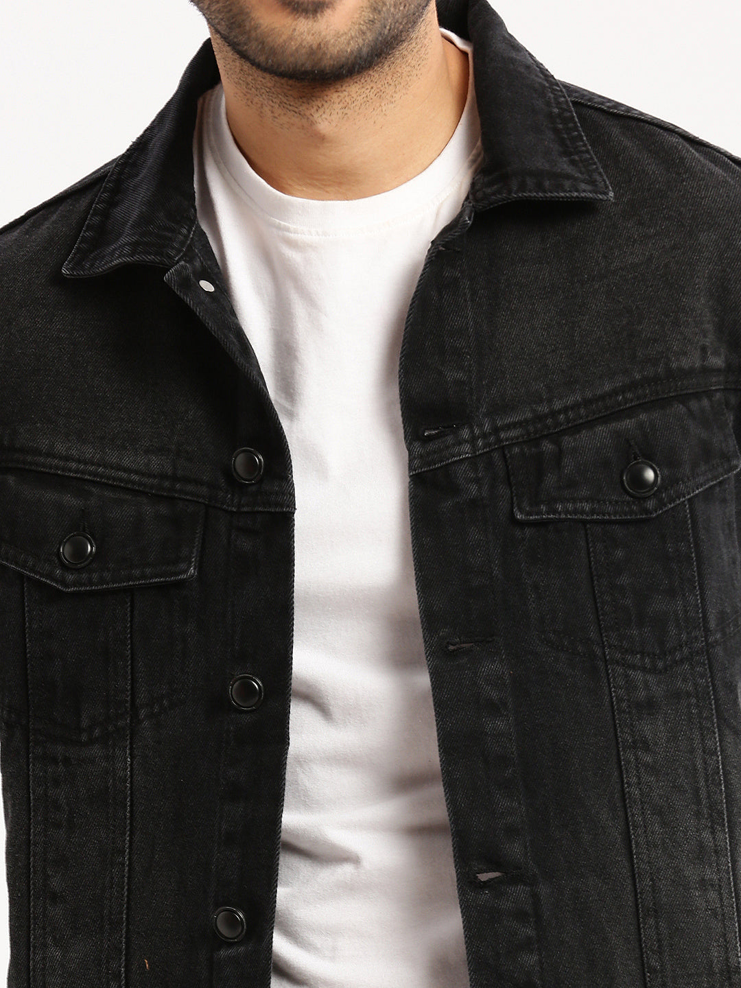 Men Charcoal Spread Collar Solid Denim Jacket