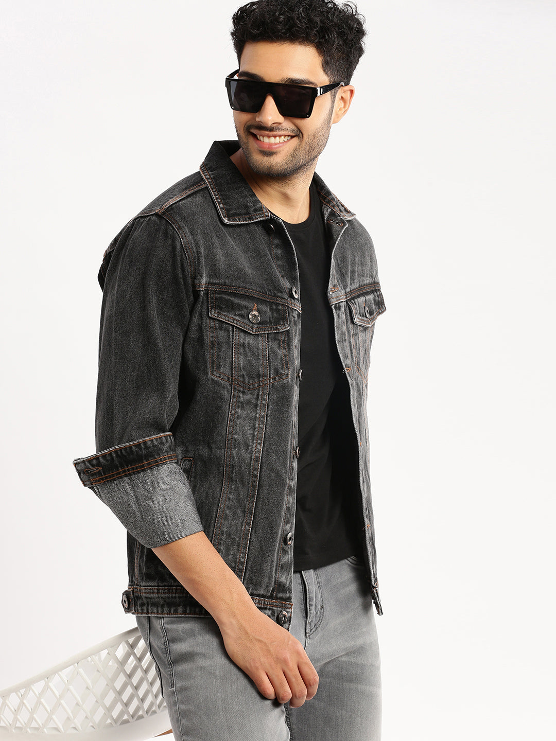 Men Grey Spread Collar Solid Denim Jacket