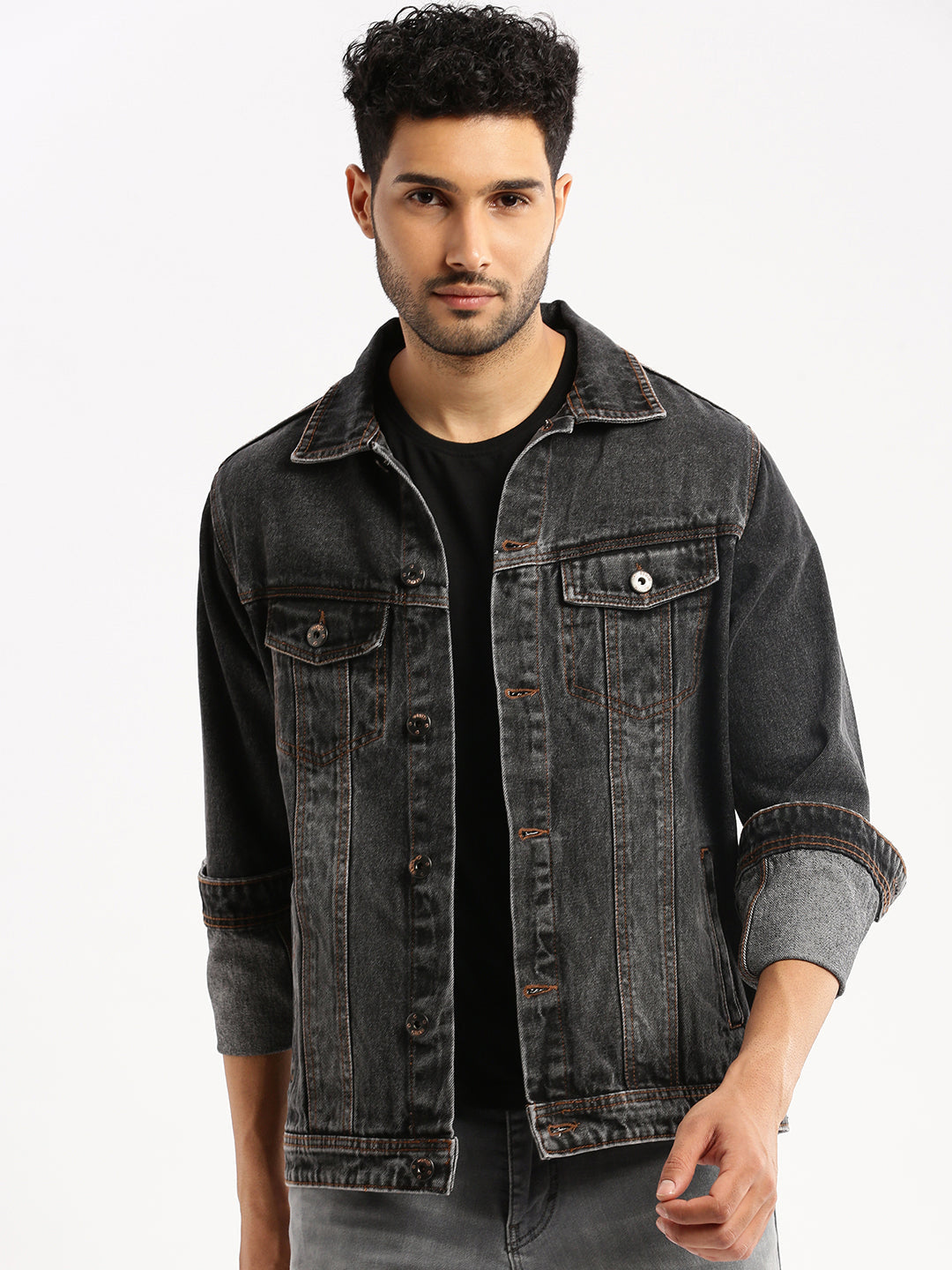 Men Grey Spread Collar Solid Denim Jacket