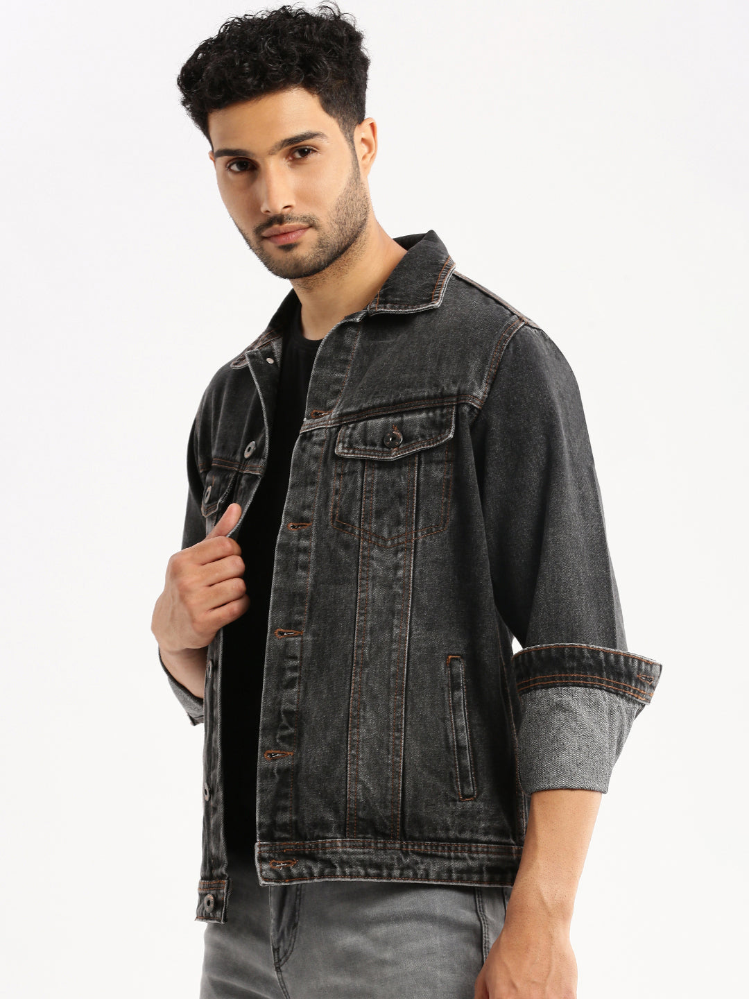 Men Grey Spread Collar Solid Denim Jacket