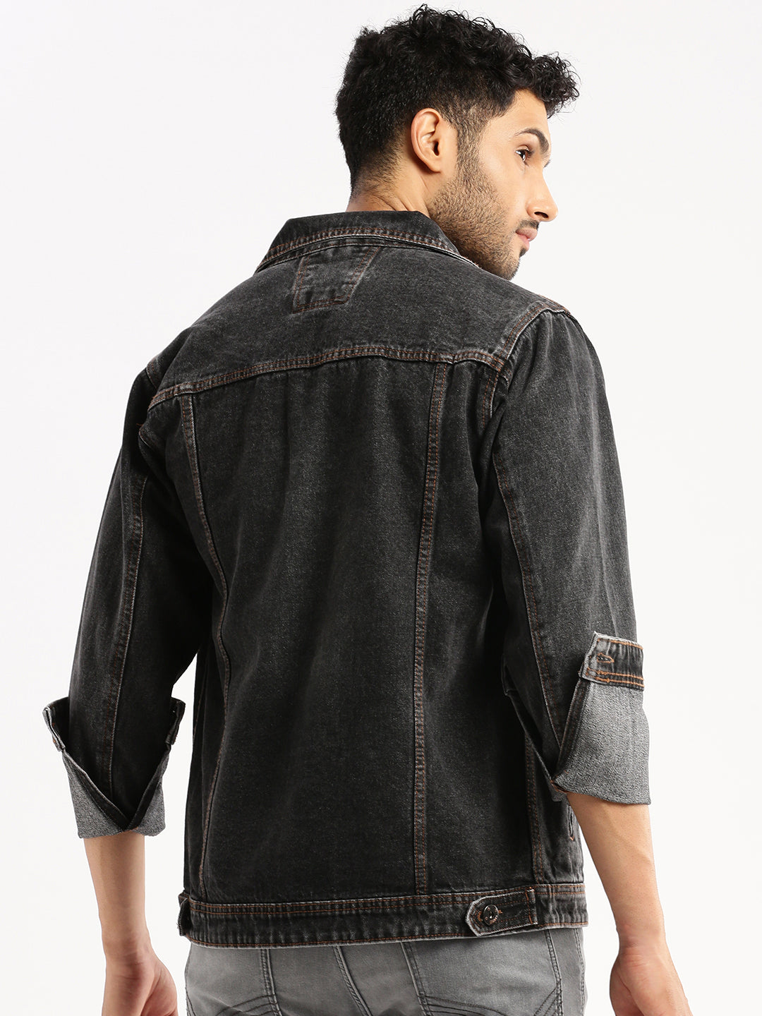 Men Grey Spread Collar Solid Denim Jacket