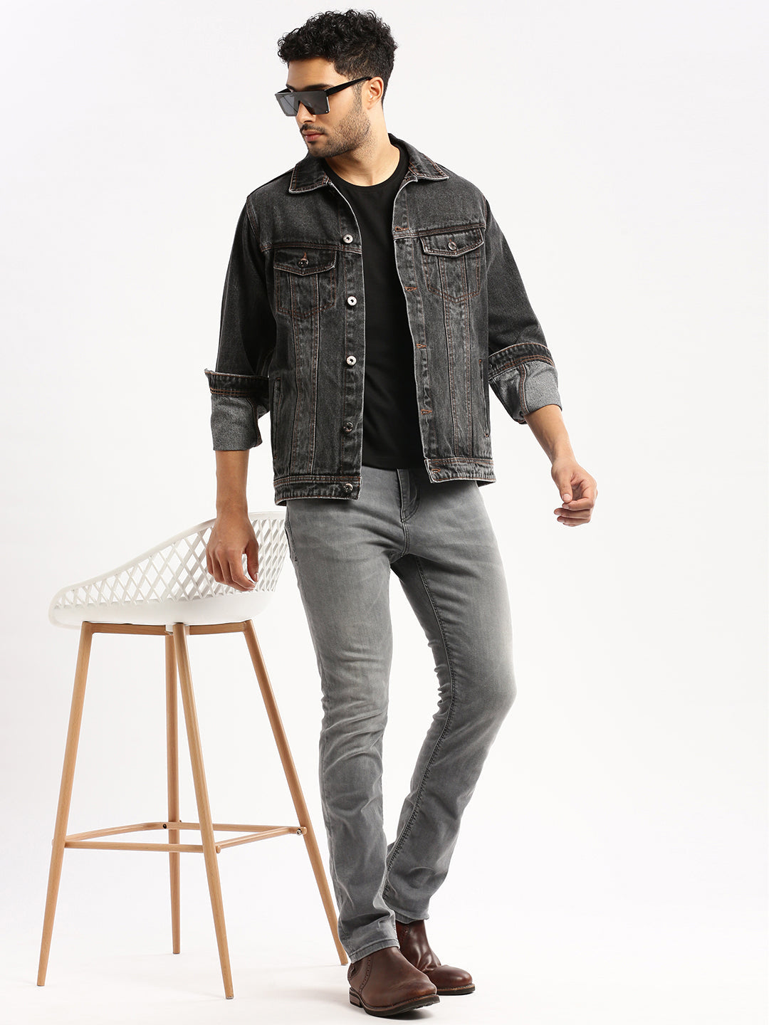 Men Grey Spread Collar Solid Denim Jacket