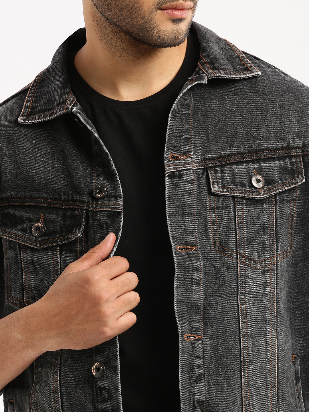 Men Grey Spread Collar Solid Denim Jacket