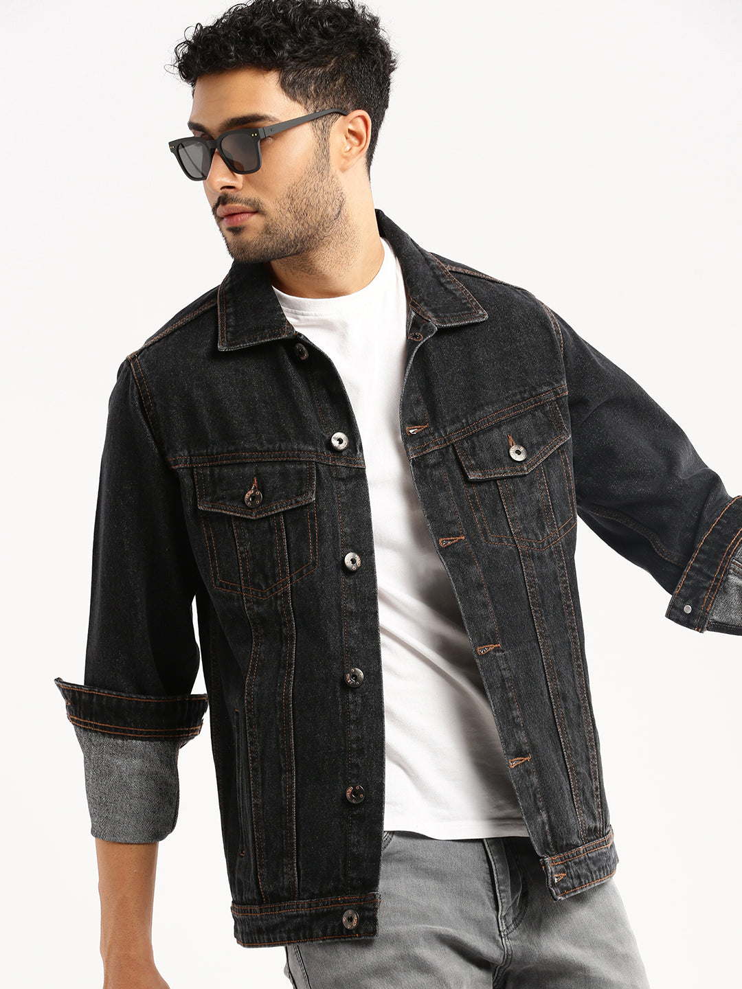 Men Charcoal Spread Collar Solid Denim Jacket