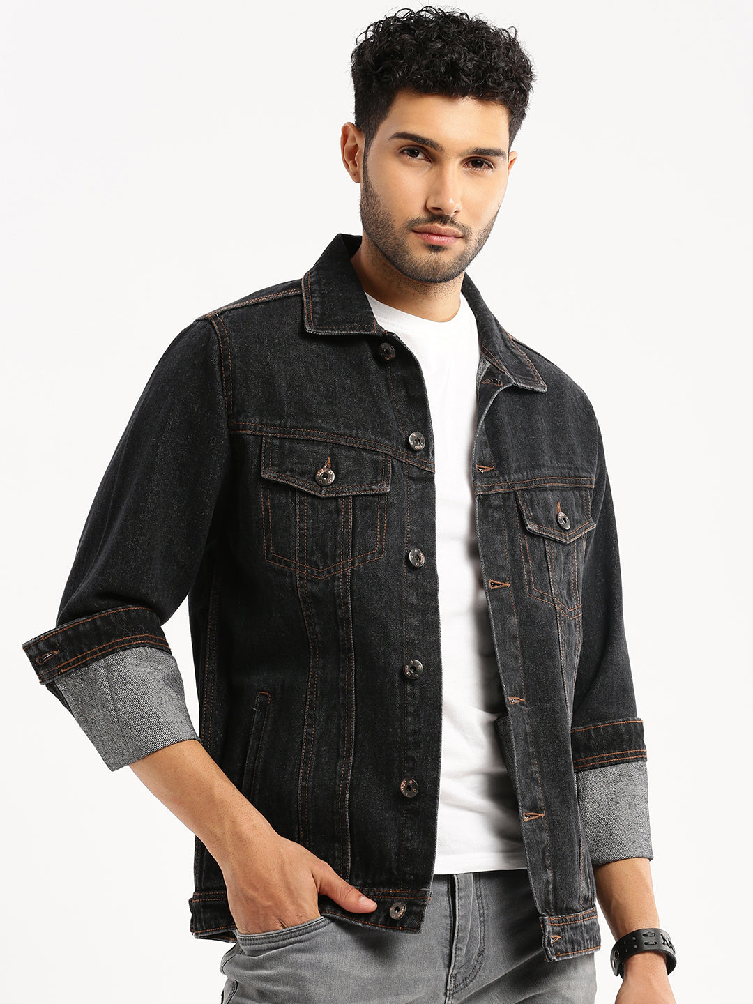 Men Charcoal Spread Collar Solid Denim Jacket