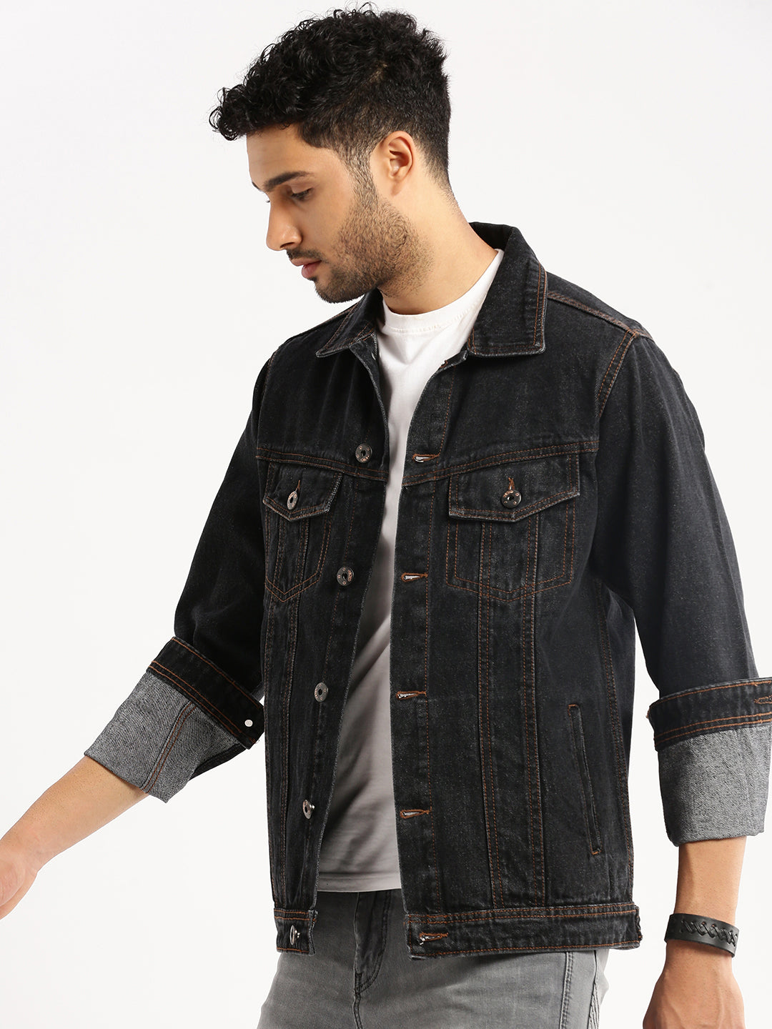 Men Charcoal Spread Collar Solid Denim Jacket