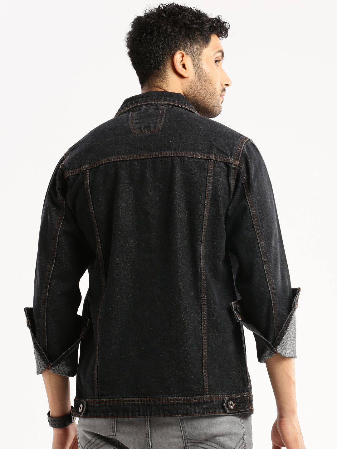 Men Charcoal Spread Collar Solid Denim Jacket