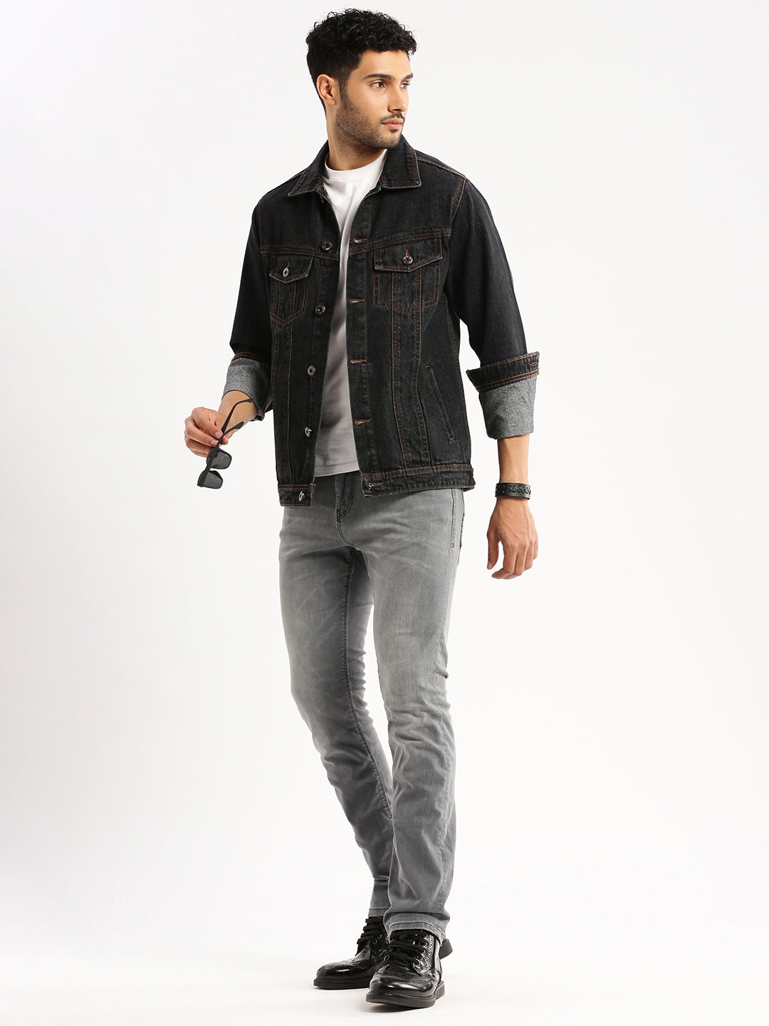 Men Charcoal Spread Collar Solid Denim Jacket