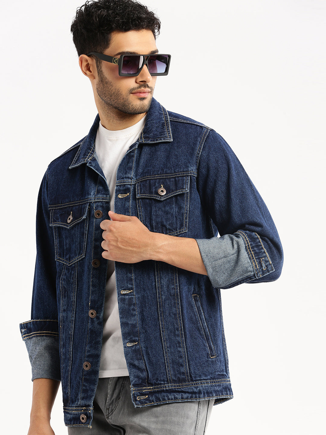 Men Navy Blue Spread Collar Solid Denim Jacket