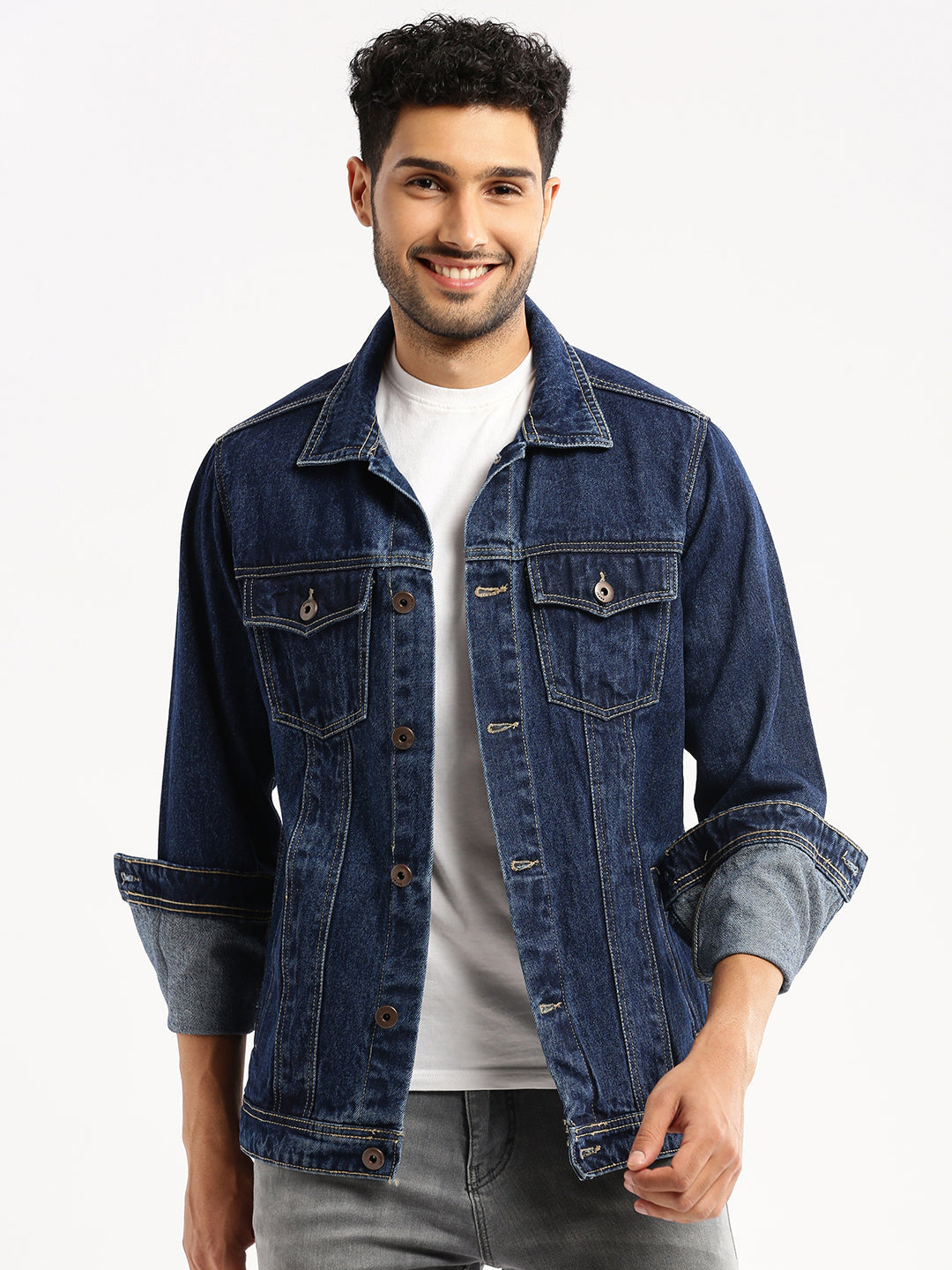 Men Navy Blue Spread Collar Solid Denim Jacket