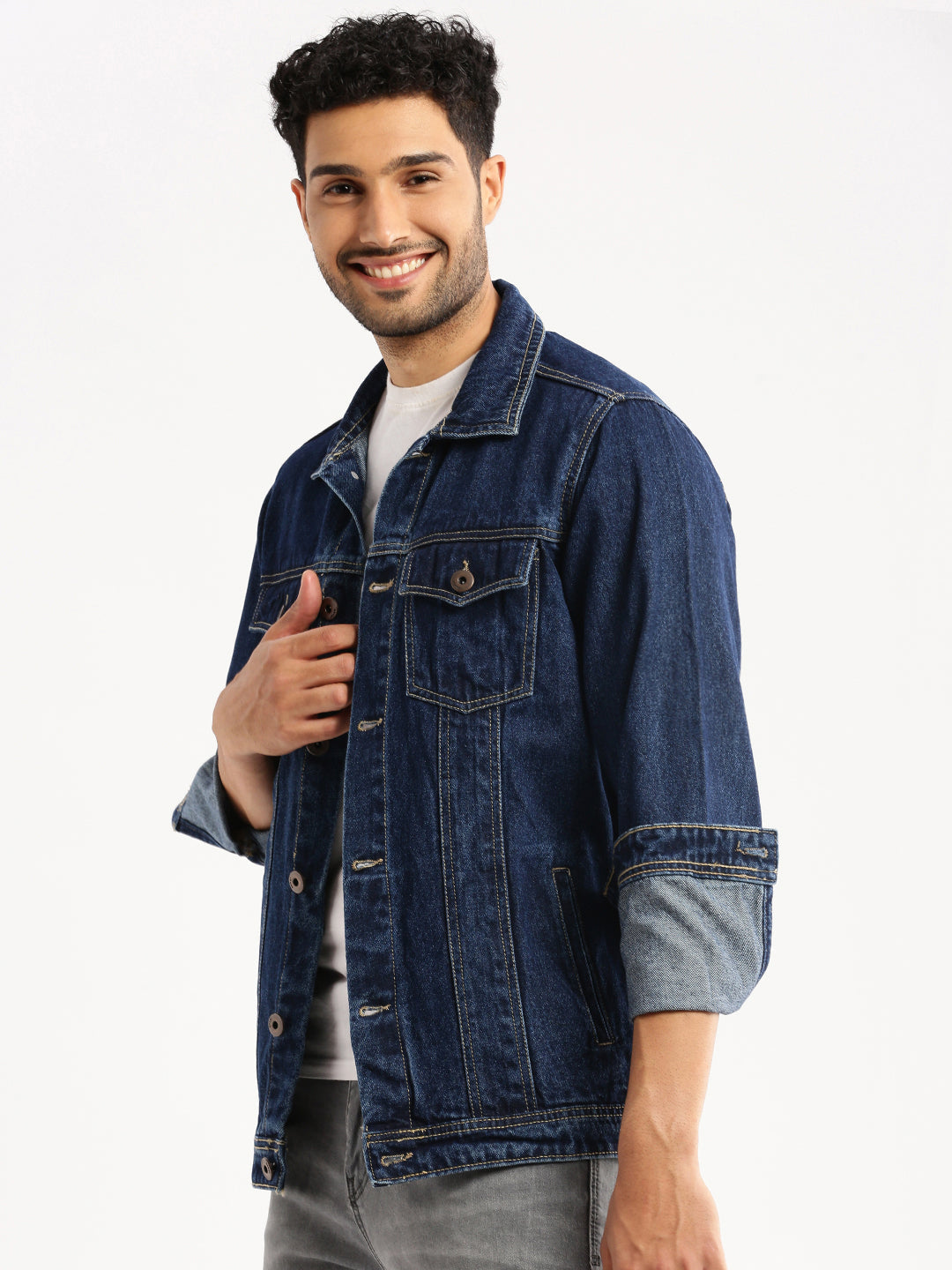 Men Navy Blue Spread Collar Solid Denim Jacket