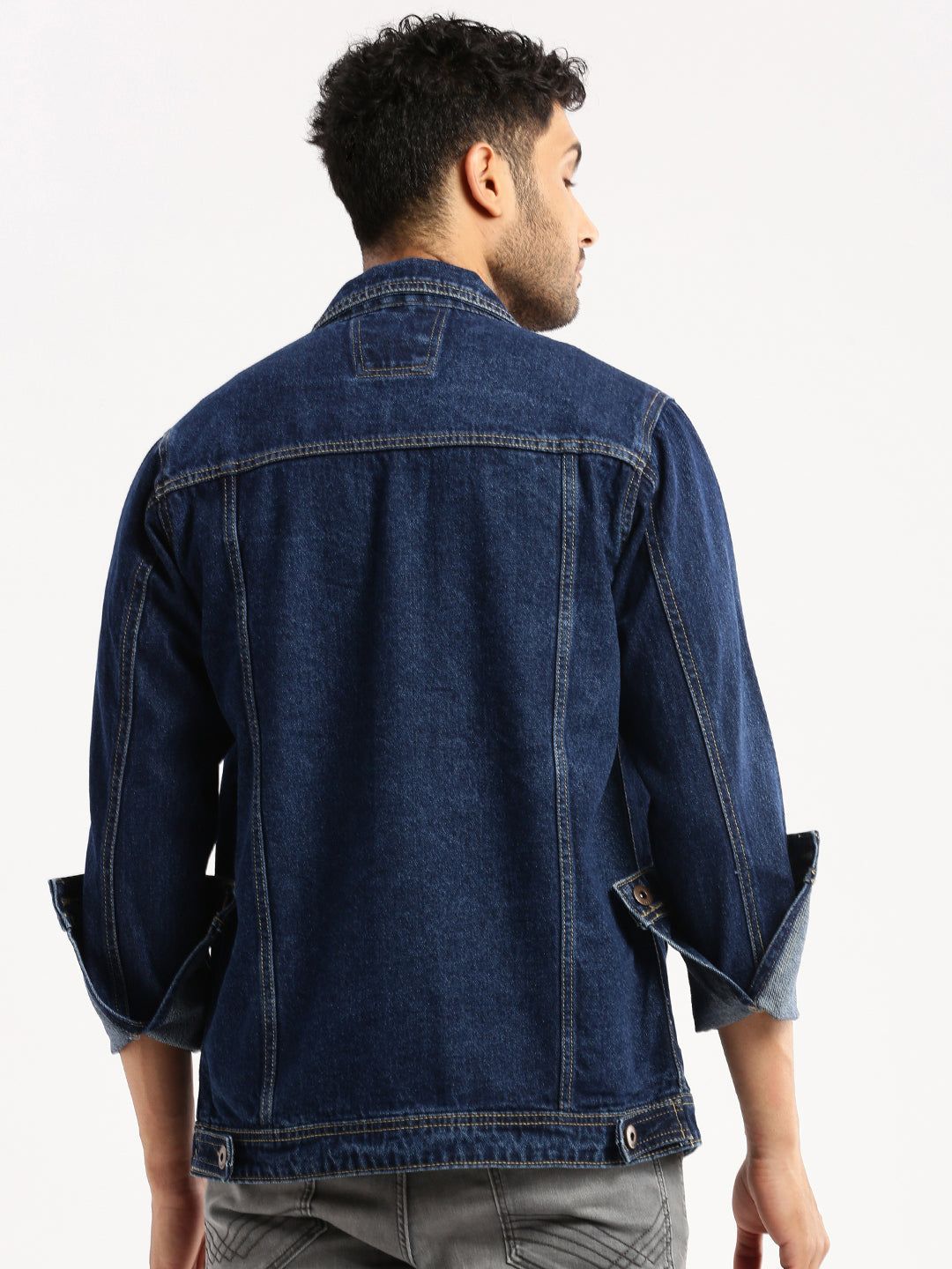 Men Navy Blue Spread Collar Solid Denim Jacket