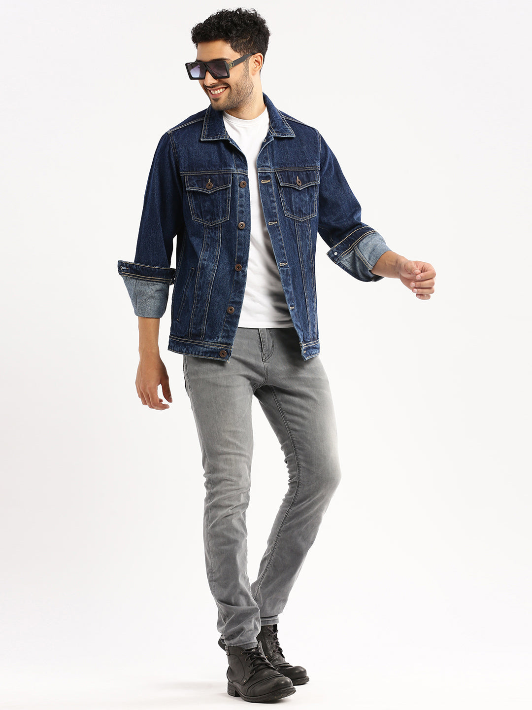 Men Navy Blue Spread Collar Solid Denim Jacket