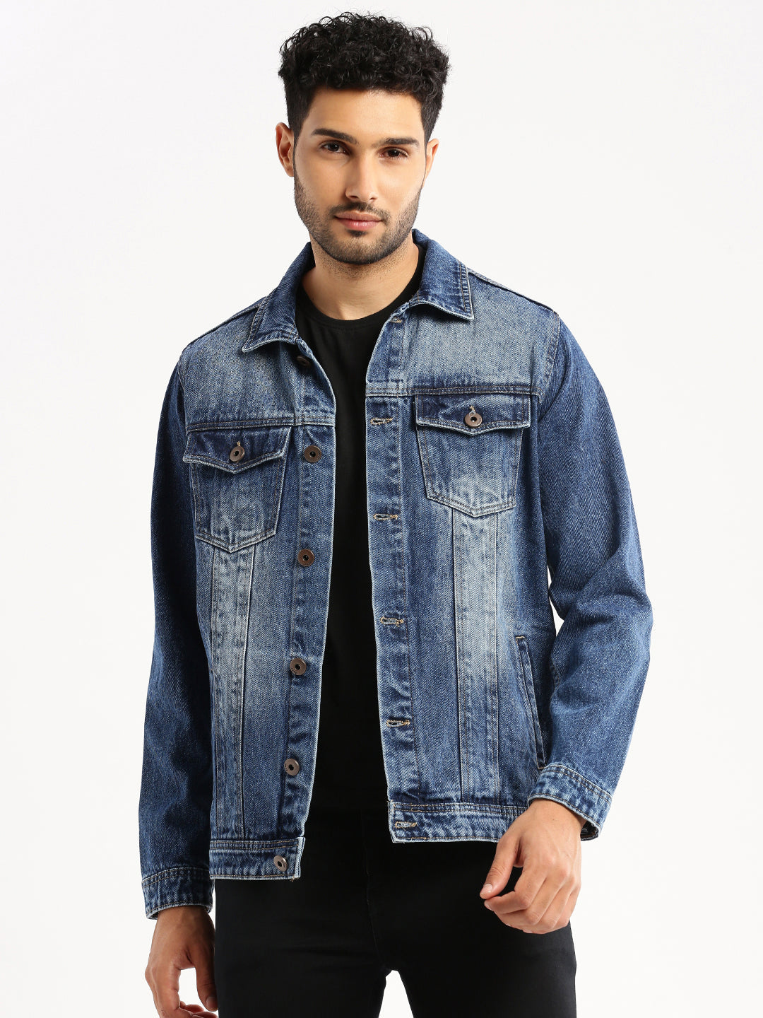 Men Blue Spread Collar Solid Denim Jacket