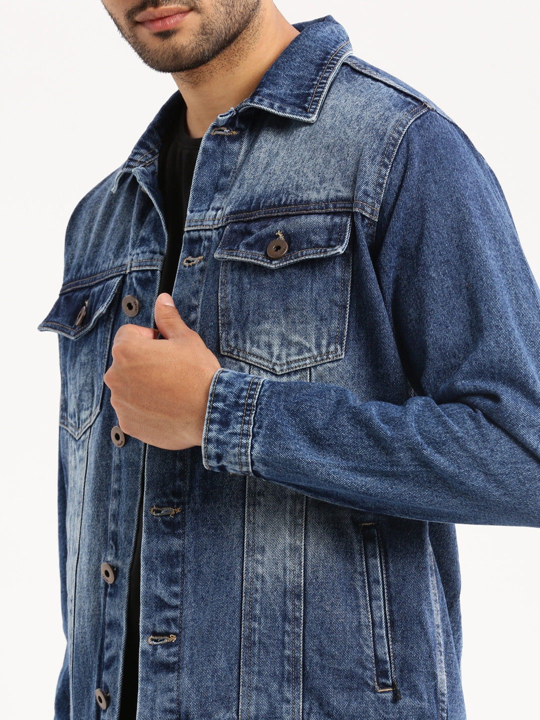 Men Blue Spread Collar Solid Denim Jacket