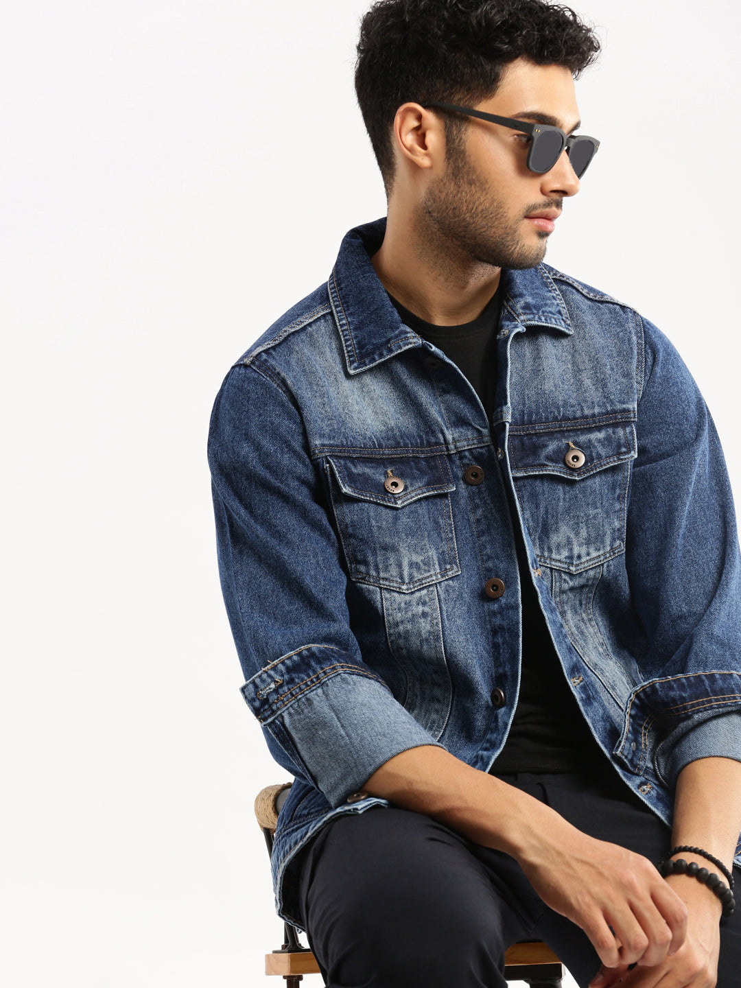 Men Blue Spread Collar Solid Denim Jacket