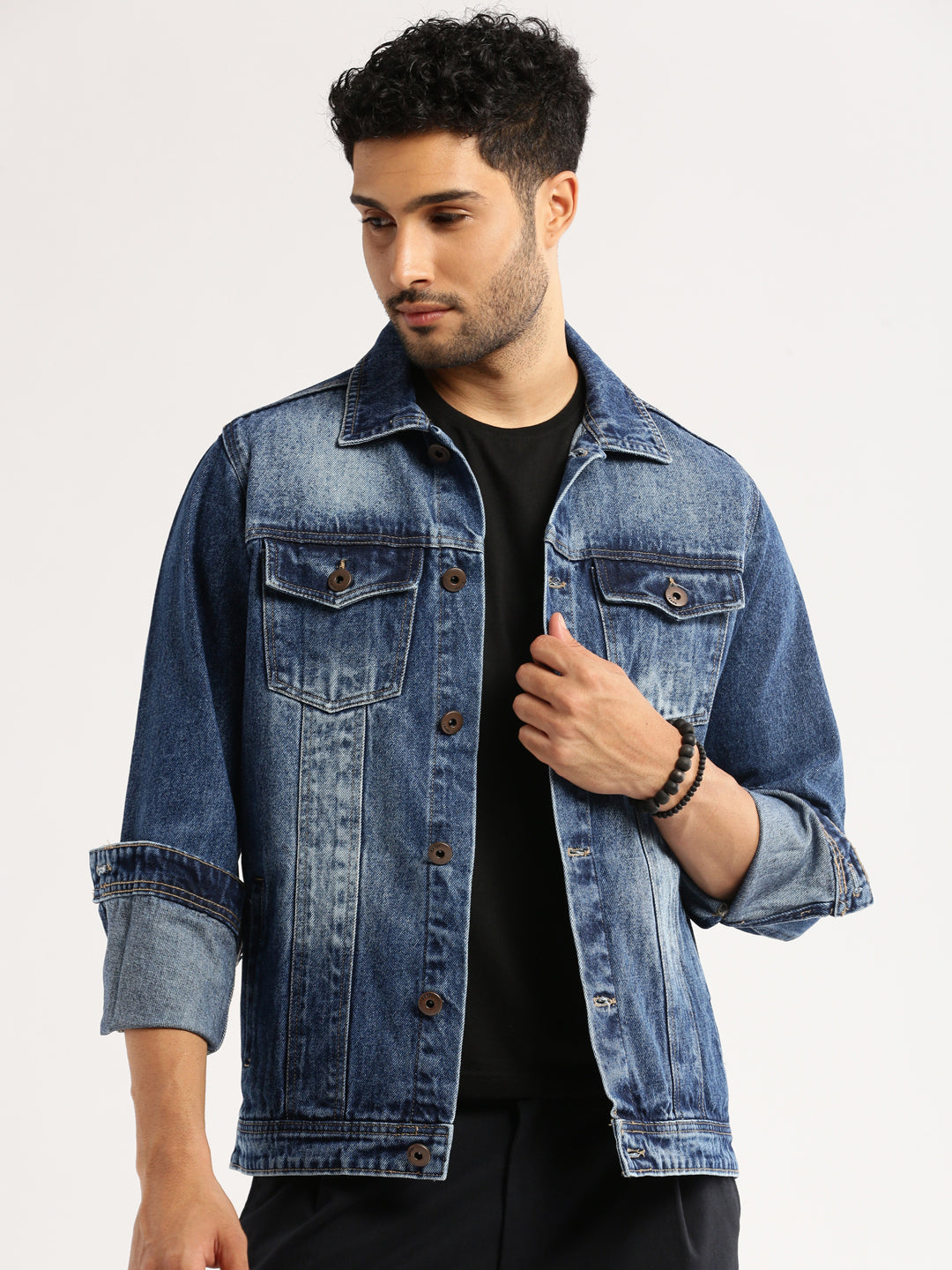 Men Blue Spread Collar Solid Denim Jacket