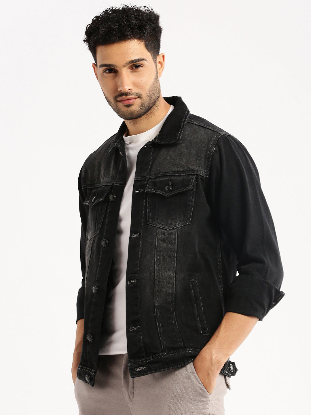 Men Charcoal Spread Collar Solid Denim Jacket