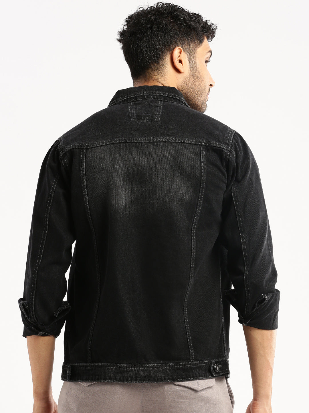 Men Charcoal Spread Collar Solid Denim Jacket